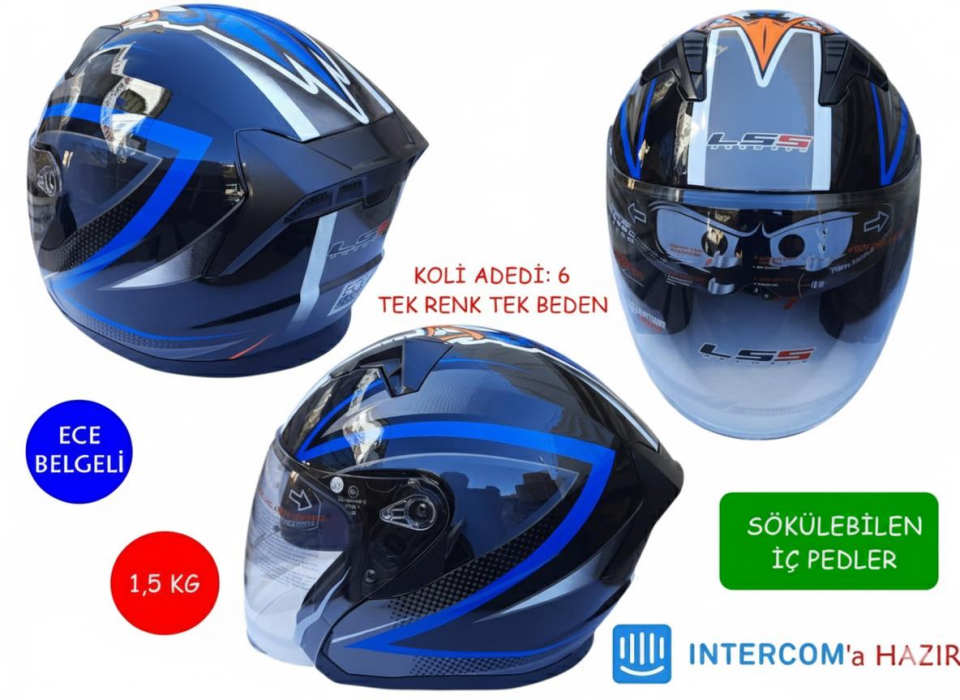 Kask Lss Çenesiz Vizörlü Parlak Siyah (A) Mavi Xl Beden