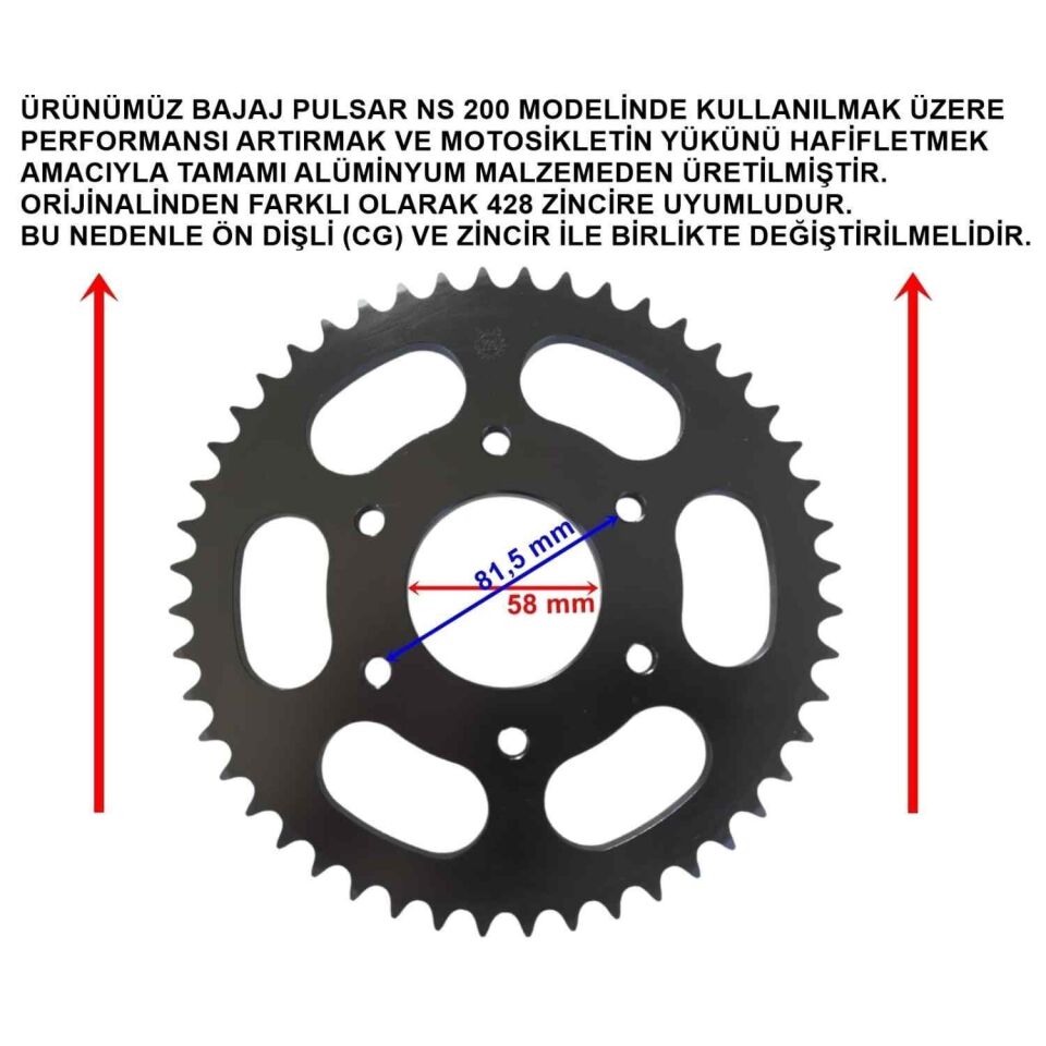 Bajaj Pulsar Ns 200 Arka Dişli Performans 428-48T İç 58 Mm Alüminyum Siyah Öm